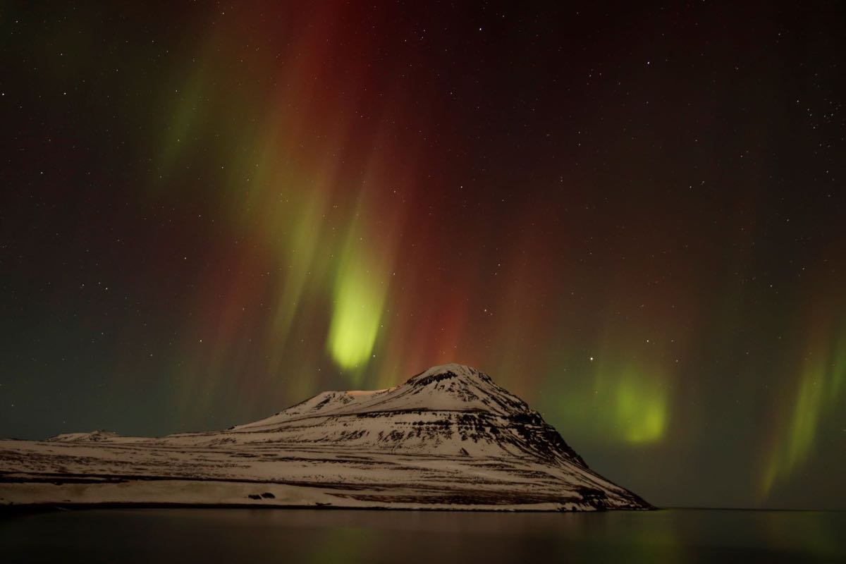Northern lights aurora borealis over Gunnarólfsfjöll Iceland